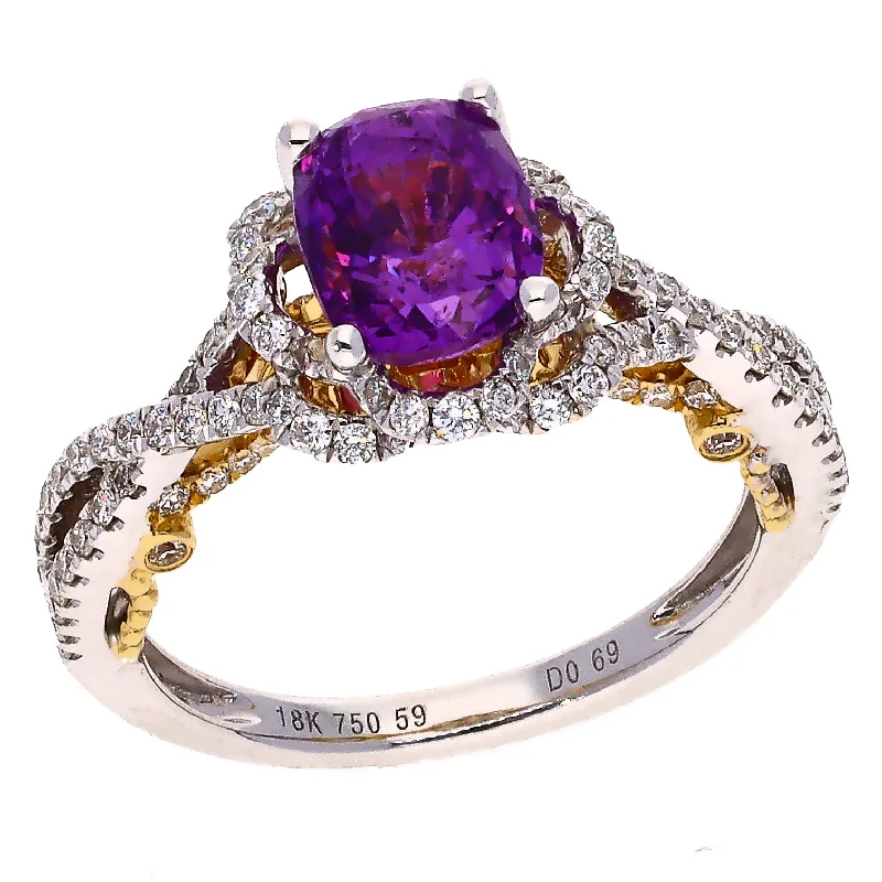 Cord edge engagement rings-18K Two Tone White & Yellow Gold Oval Purple Sapphire and Diamond Ring Size 6.5