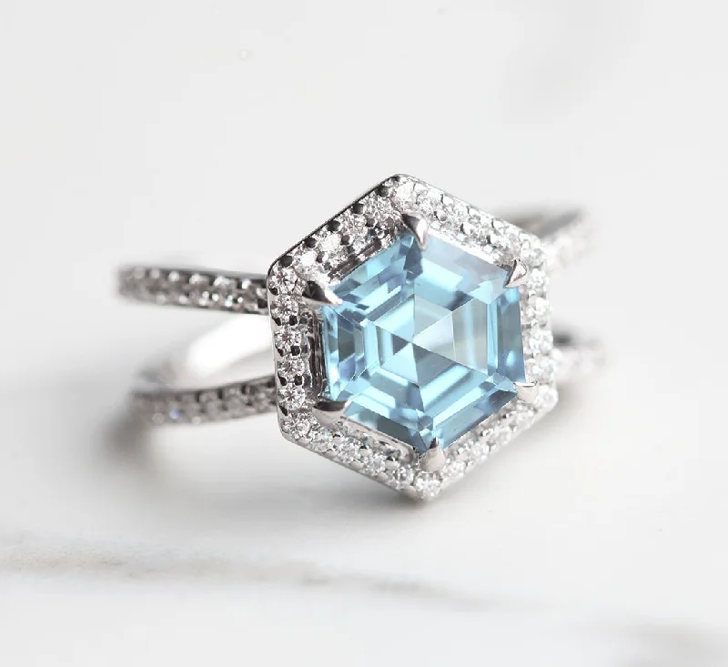 Twisted shank engagement rings-Ambrosia Hexagon Aquamarine and Diamond Ring