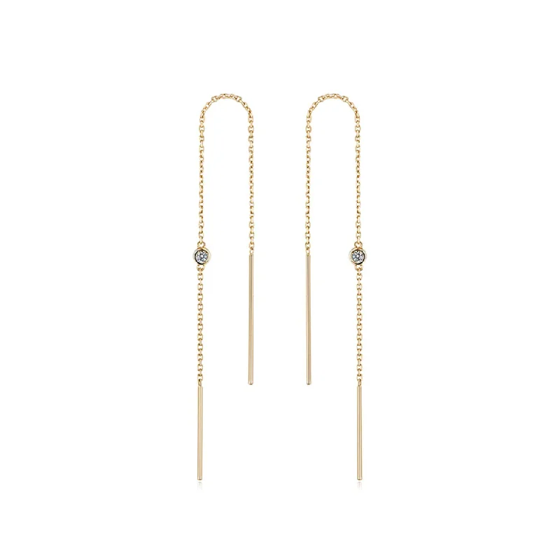 Woven cord earrings-Fancime 14K Yellow Gold 0.03CTTW White Diamond Long Chain Threader Earrings