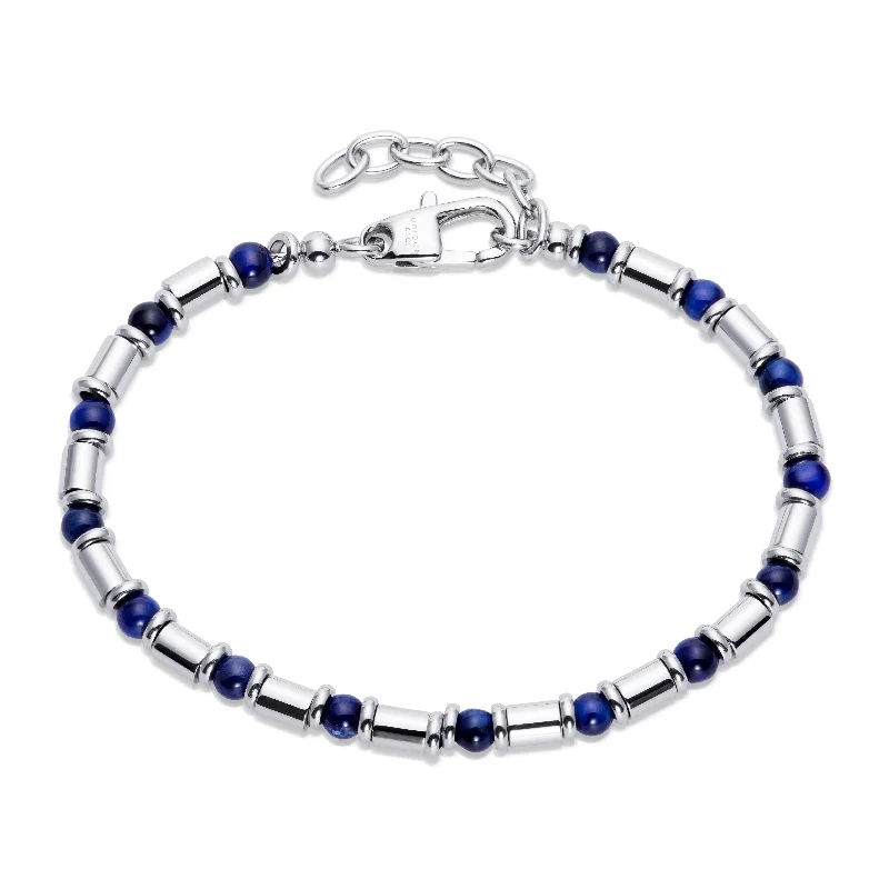 Unique & Co Steel Bracelet With Blue Tiger's Eye Beads