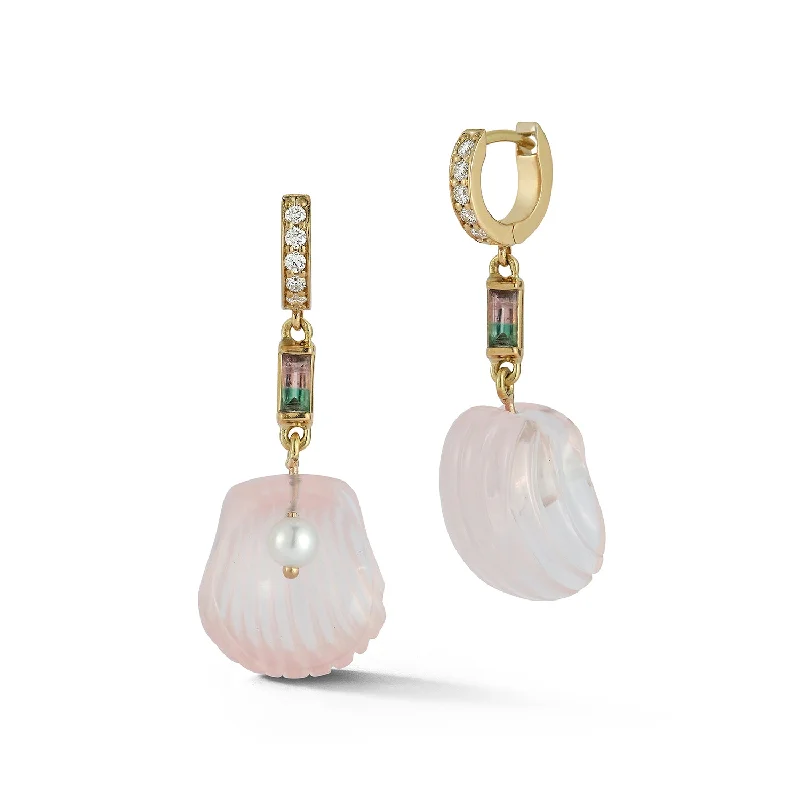 Tiny wing earrings-Dream Shell Huggies - Rose Quartz and Watermelon Tourmaline