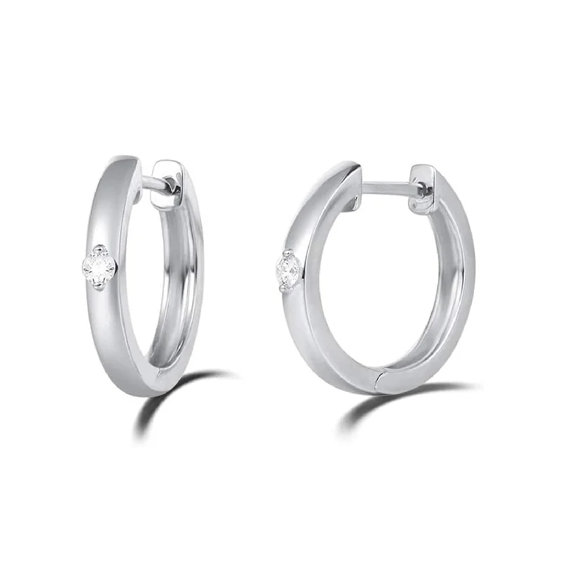 Thin threader earrings-FANCIME Diamond Huggie 14K White Gold Hoop Earrings