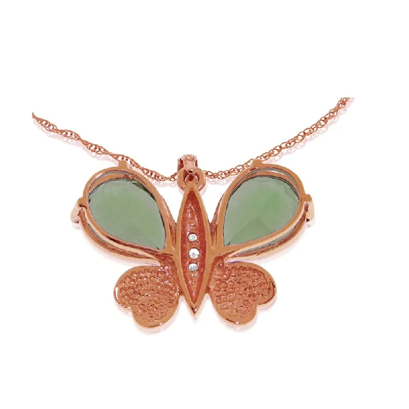 Oval shape necklaces-14K Solid Rose Gold Batterfly Necklace with Natural Diamonds & Green Amethysts