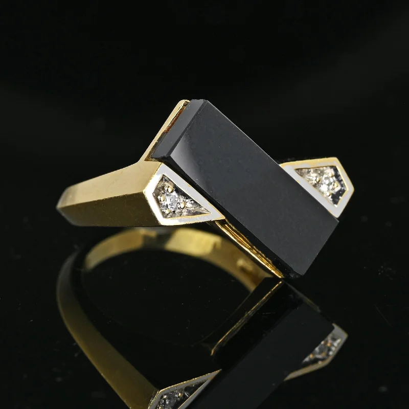 Lapis gem rings-Vintage Heavy 14K Gold Diamond Rectangle Black Onyx Ring