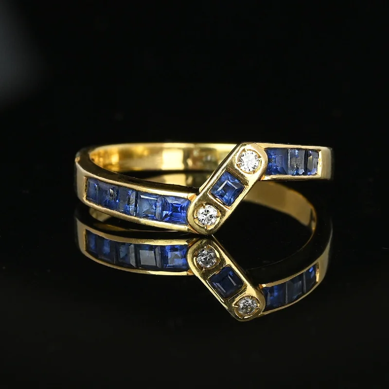 Vivid diamond rings-Vintage 14K Gold Diamond Carré Sapphire Ring Band