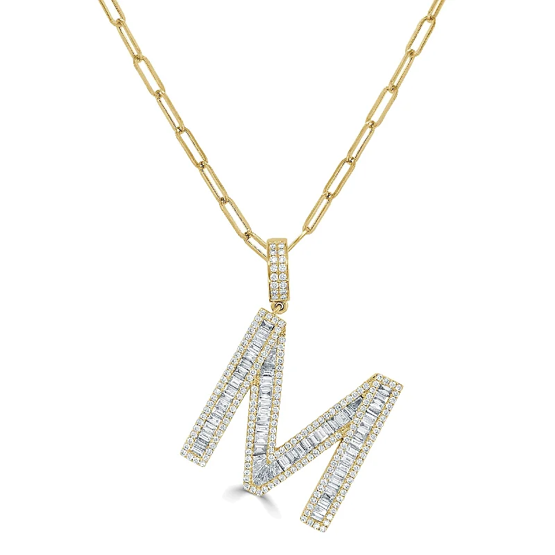 Fine bead necklaces-Joelle Diamond Baguette Large Initial Paperclip Link Necklace 14K Yellow Gold - M