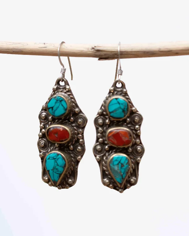 Whimsical pair earrings-Dallas Turquoise Tibetan Earrings ~German Silver ~ SME024