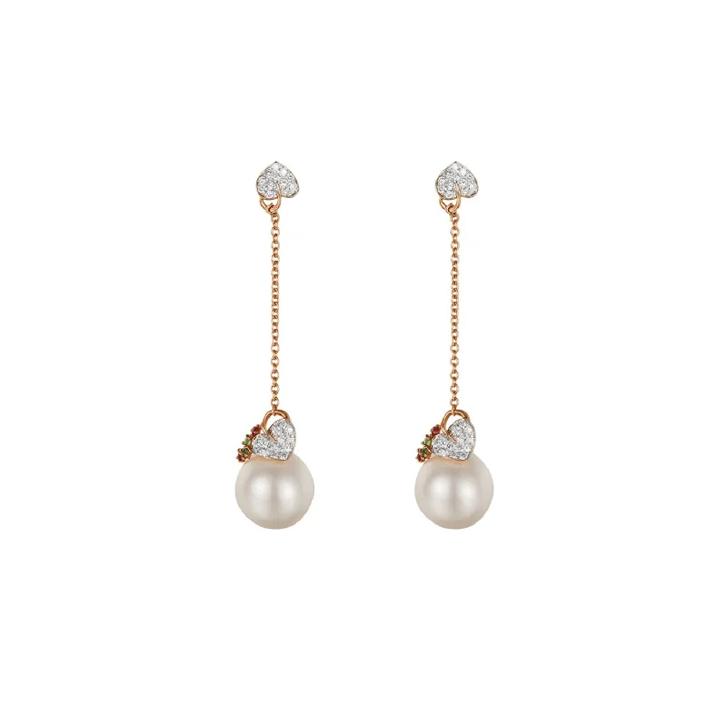 Petal hoop earrings-18K Solid Rose Gold 10mm White Akoya Pearl Natural CZ White Stones Drop Dangle Earrings