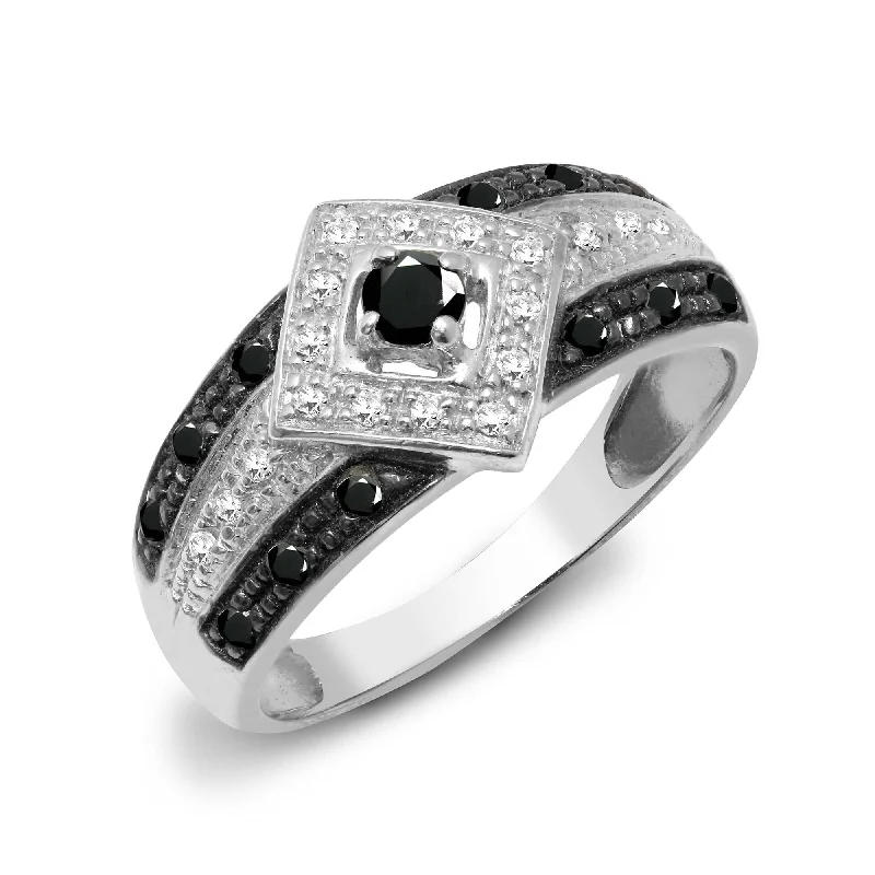 Carved initial engagement rings-9ct White Gold Diamond And Black Diamond Ring