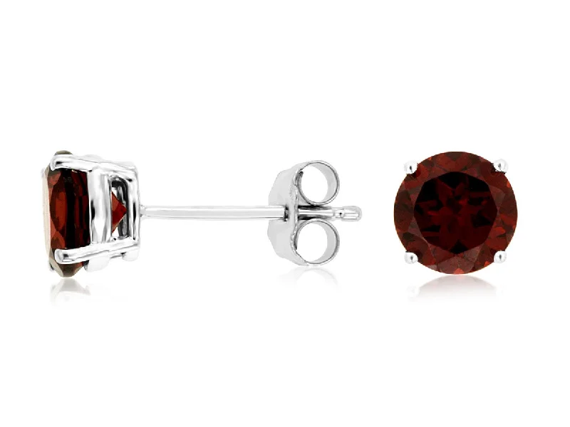 Leaf design earrings-Round Garnet Stud Earrings