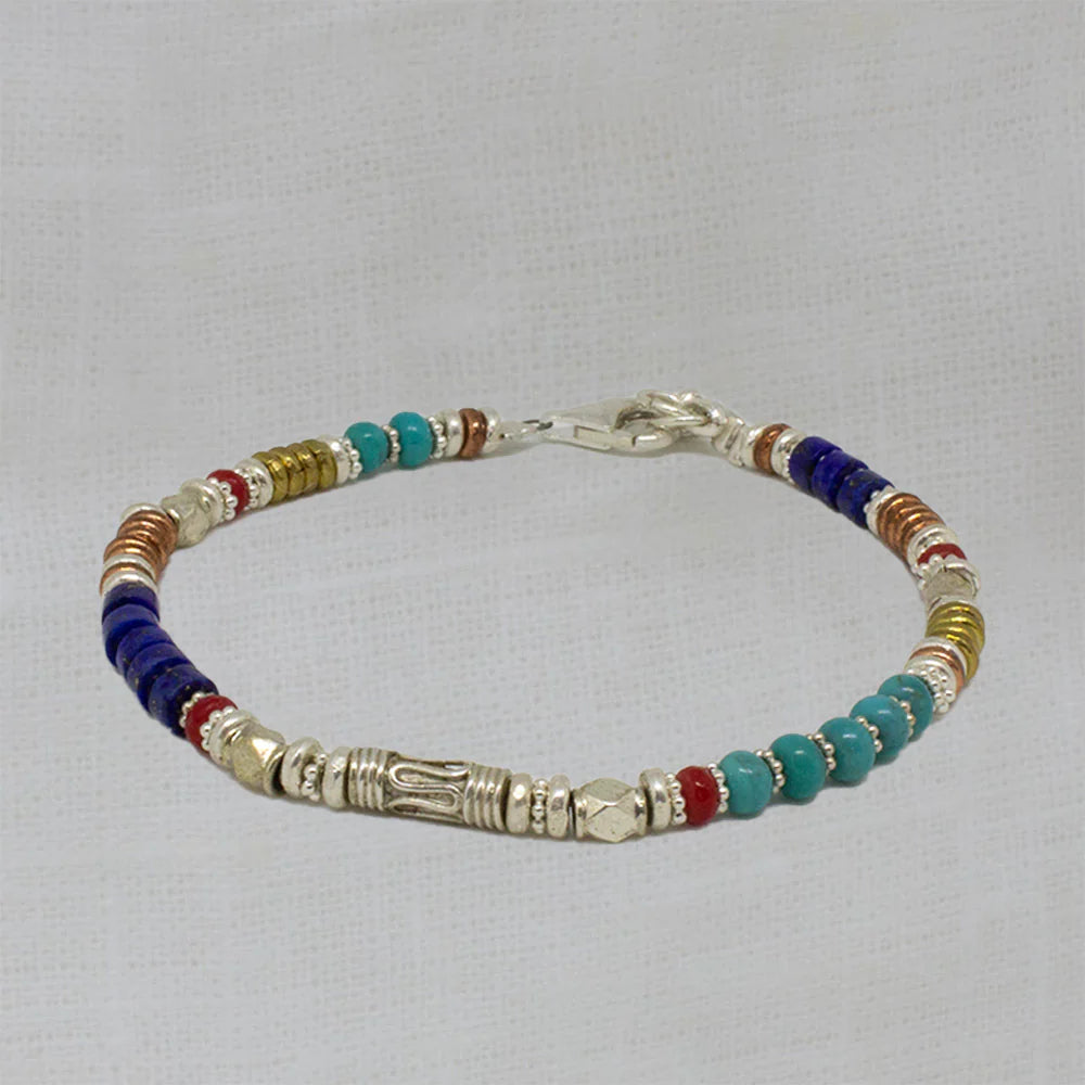 Silver Turquoise, Lapis and Coral Mixed Metals Bracelet