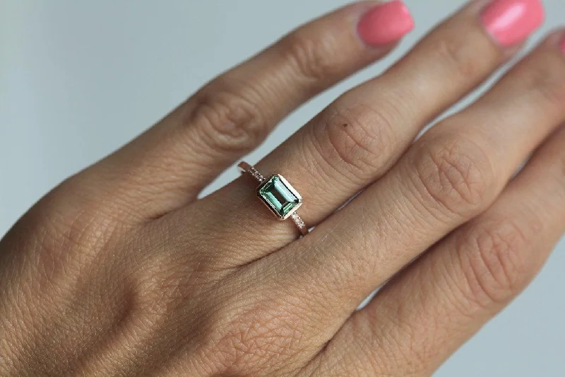 Princess cut engagement rings-Green Tourmaline Ring, Pave Diamond Ring