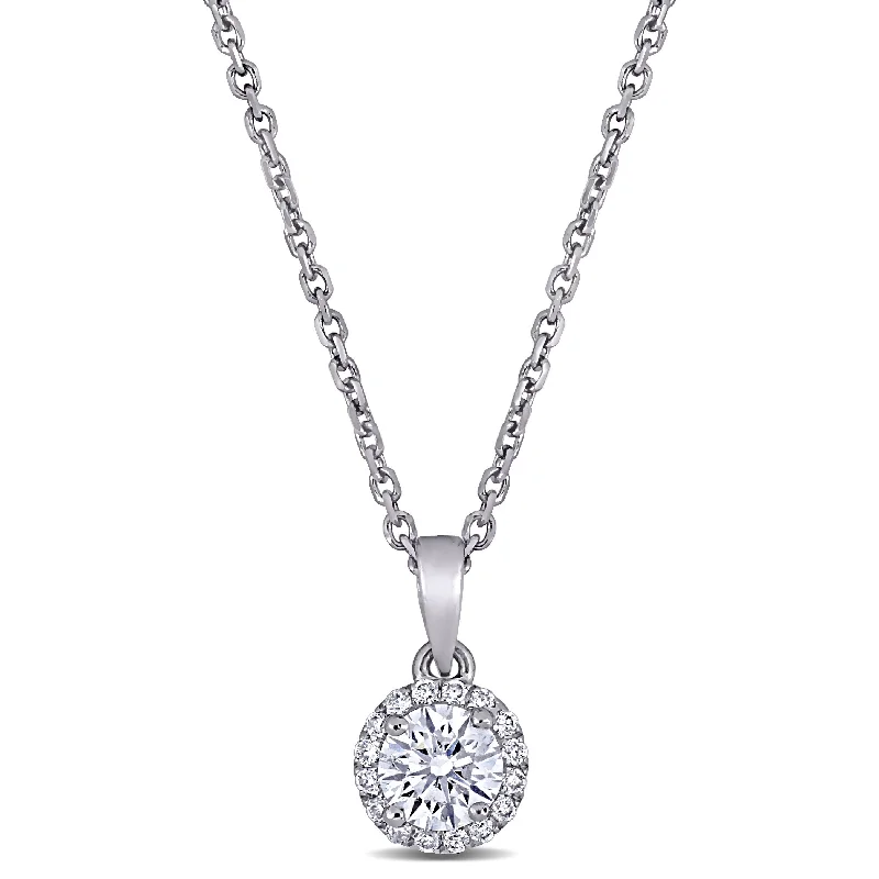 Secure clasp necklaces-Miadora 18k White Gold 3/8ct TDW Diamond Circular Halo Necklace - 11 mm x 6 mm - 11 mm x 6 mm