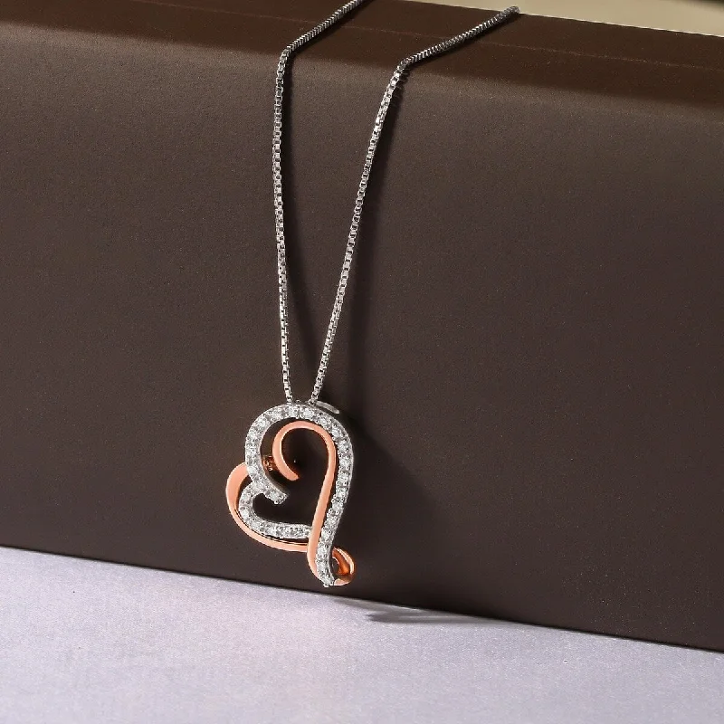 Rope braid necklaces-Diamond Heart Pendant Necklace Silver n Rose Gold Two tone by DeCouer