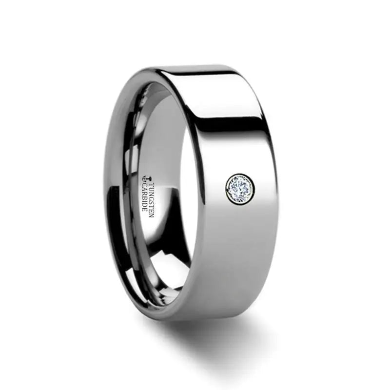 Retro style engagement rings-BRISTOL Flat Polished Tungsten Diamond Ring - 6mm