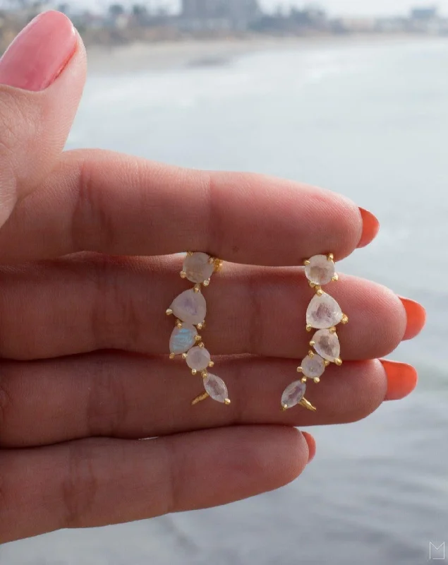 Thick hoop earrings-Moonstone Ear Climber Earrings ~ 18k Gold Plated ~ ME173