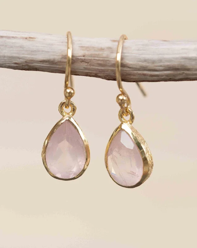 Thick bar earrings-Rose Quartz Tear Drop Earrings ~ 18k Gold Plated ~ ME190