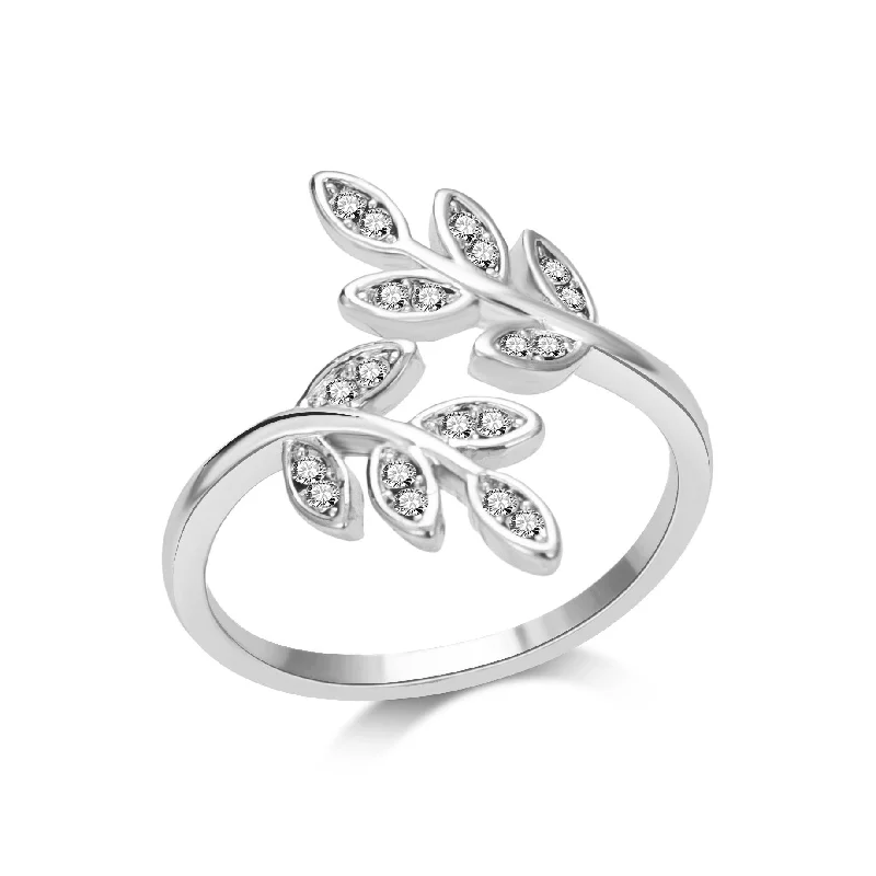 Thick gold rings-Silver Plated Leaf Ring Created with Zircondia® Crystals