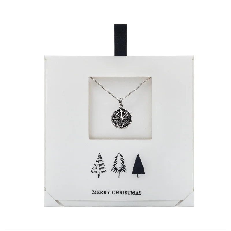 Cotton braid necklaces-Sterling Silver Oxidized Compass Pendant Necklace On Holiday Card