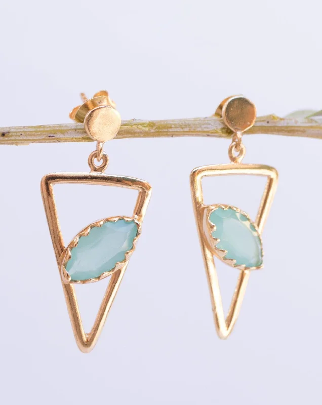 Dainty gem earrings-Aqua Chalcedony, Ruby, Blue Chalcedony, Rose quartz Triangle Gold Vermeil Earrings ~