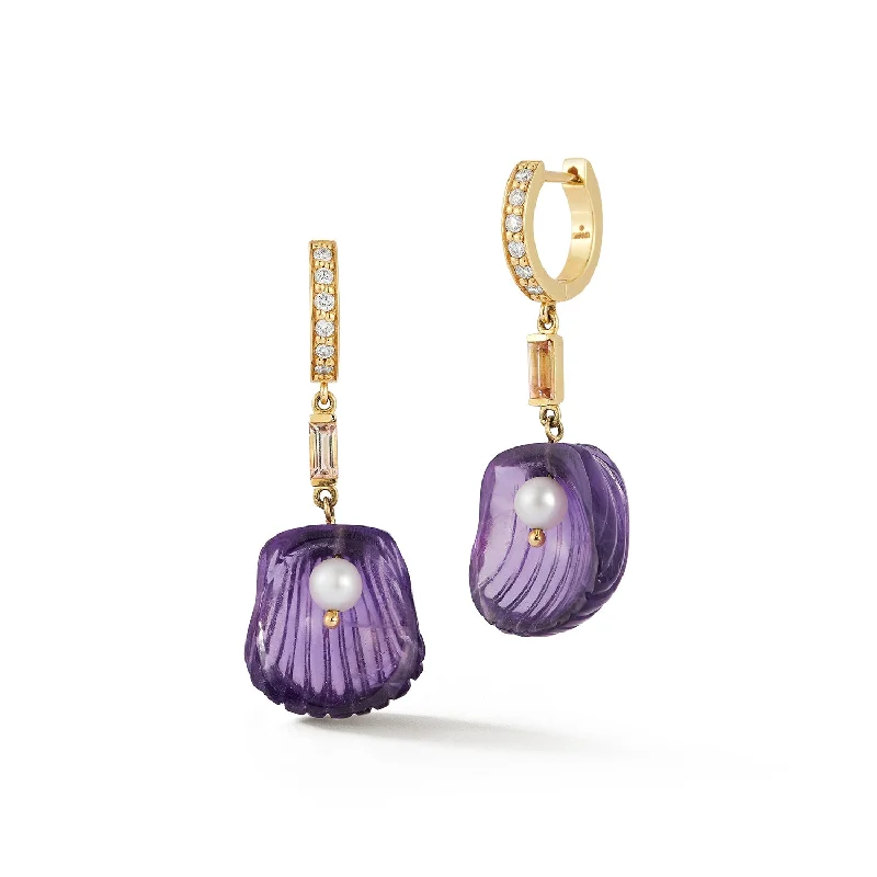 Aged bronze earrings-Dream Shell Huggies- Amethyst