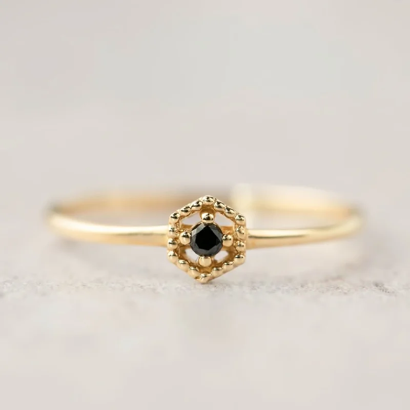 Sleek band engagement rings-Hexagon Black Diamond Ring