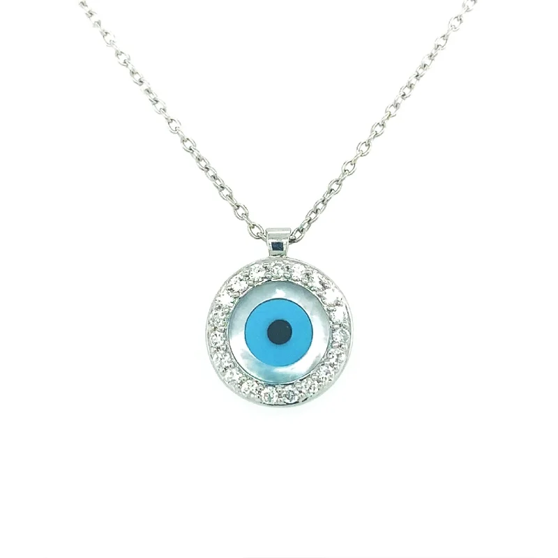 Oval gem necklaces-Joelle Diamond Evil Eye Necklace Pendant Turquoise 14K White Gold