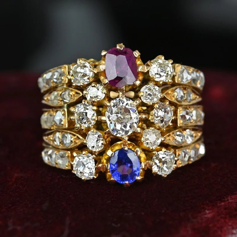 Pinch band rings-Antique 18K Gold Mine Cut Diamond Ruby Sapphire Ring