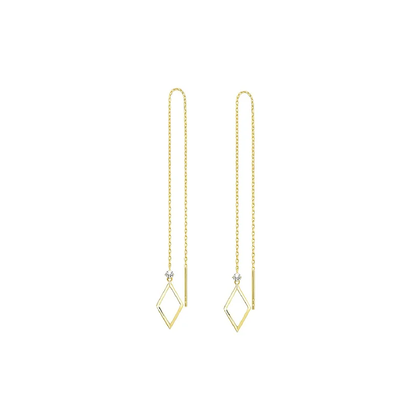 Thin threader earrings-14kt Yellow Gold Threader Earrings with Round Cut Diamonds Dainty Long Drop Earrings