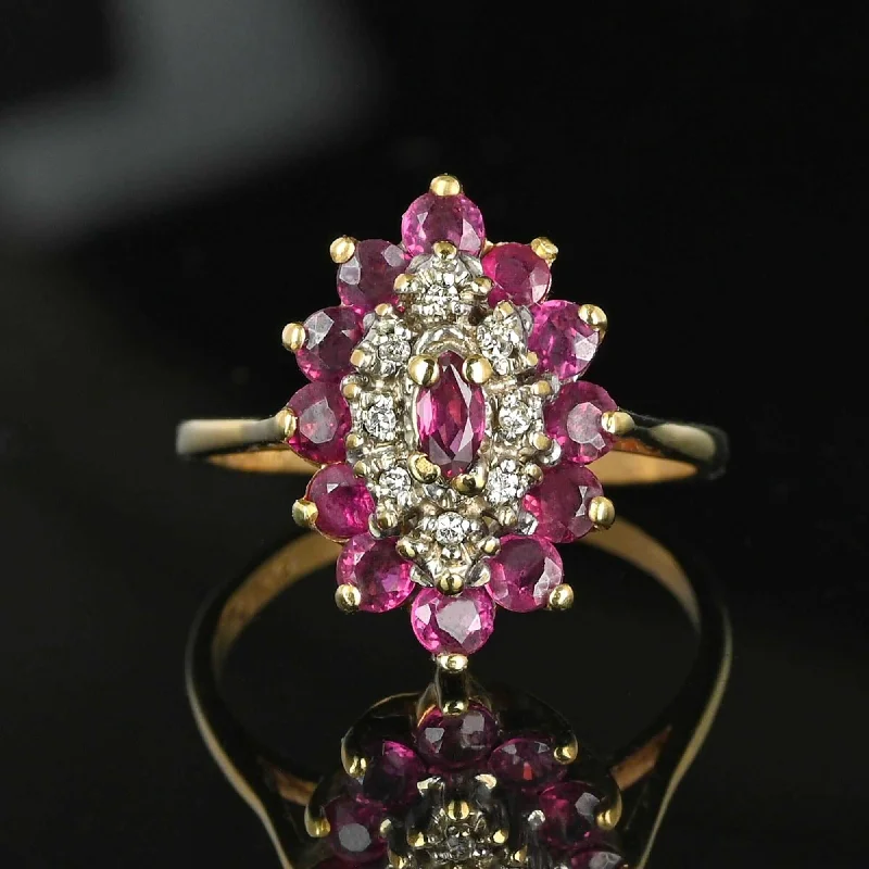 Cotton cord rings-Vintage Gold Diamond Marquise Ruby Cluster Ring