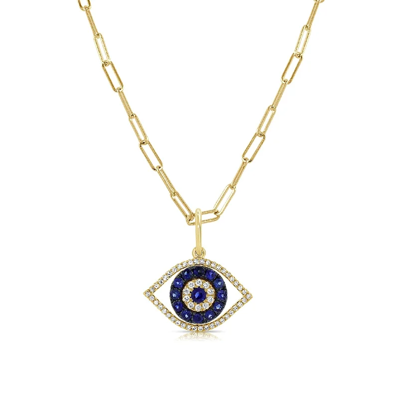 Fiber tassel necklaces-Joelle Evil Eye Sapphire & Diamond Necklace 14K Yellow Gold on 16-inch Paperclip Chain