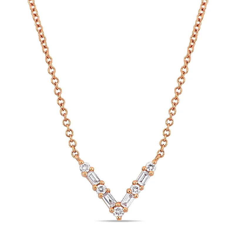 Polished name necklaces-Miadora 14k Rose Gold 1/6ct TDW Parallel Baguette and Round-Cut Diamond V-Shape Bar Necklace