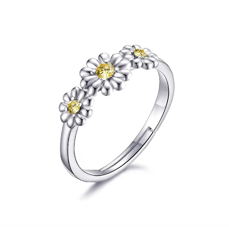 Cord edge rings-Adjustable Triple Crystal Daisy Ring Created with Zircondia® Crystals