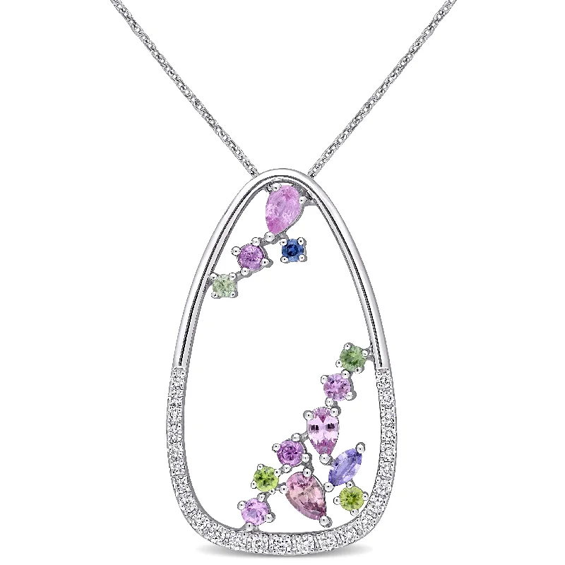 Silk cord necklaces-Miadora 18k White Gold Multi-color Sapphire & 1/3ct TDW Diamond Open Trilliant Cluster Necklace