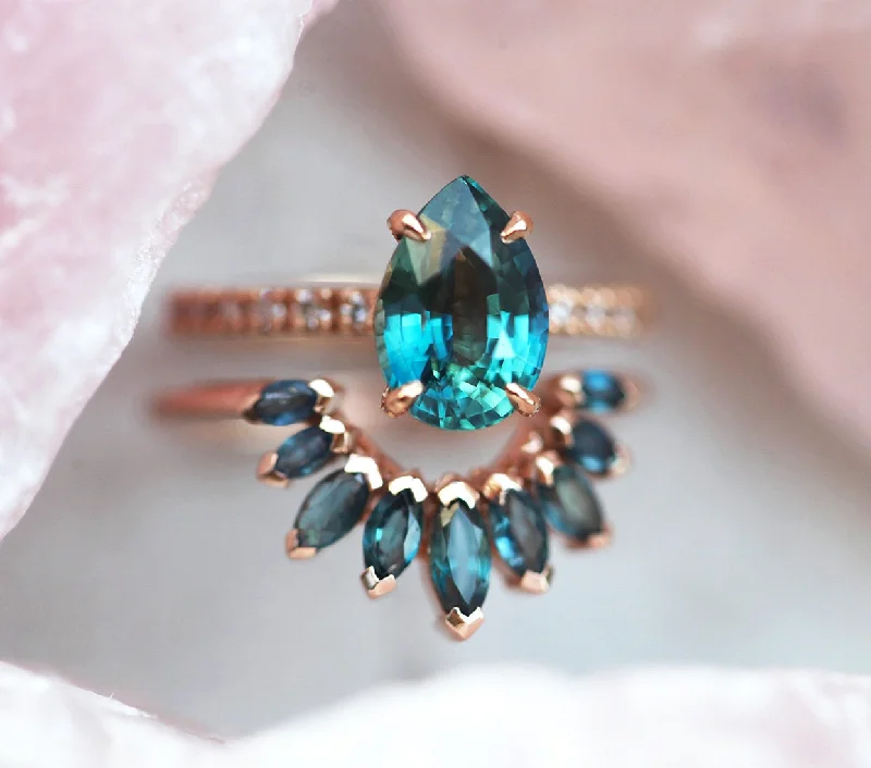 Sapphire halo engagement rings-Brene Teal Sapphire Diamond Ring Set