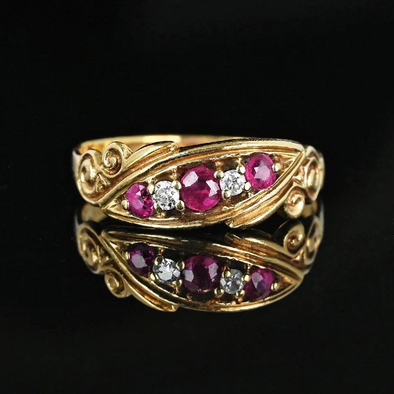 Wide band rings-Antique 14K Gold Five Stone Diamond Ruby Ring Band