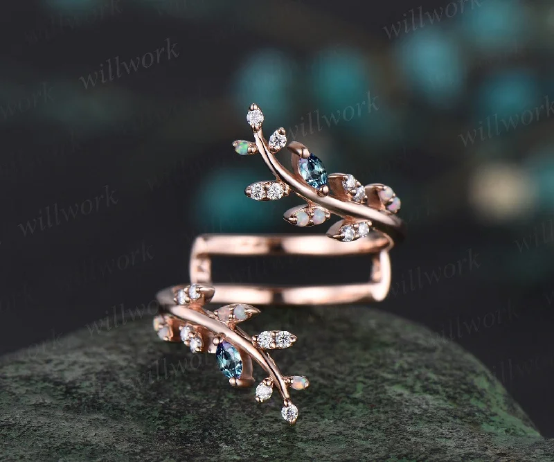 Glossy eternity engagement rings-Opal alexandrite leaf wedding band enhancer wraps solid 14k rose gold cluster double open gap diamond ring women art deco anniversary gift